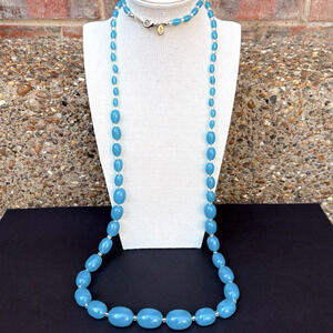Vintage Joan Rivers Blue Acrylic Lucite Necklace Graduated Bead Silver Tone 46"